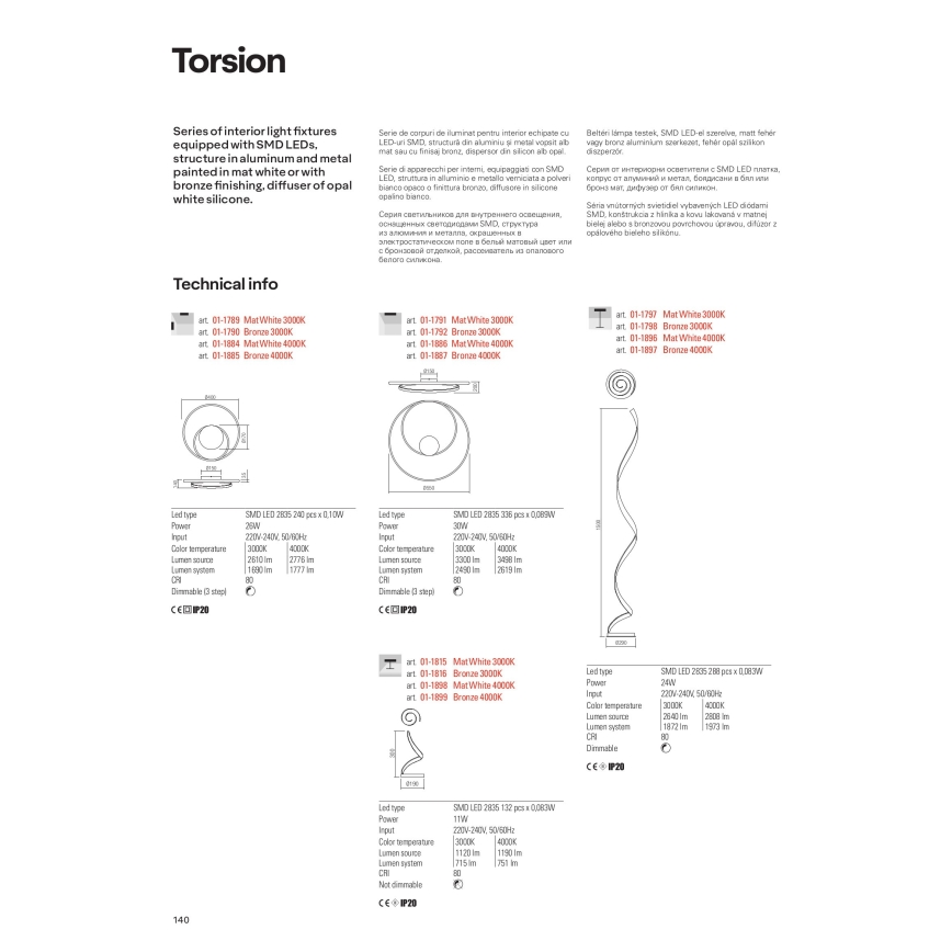 Redo 01-1797 - Candeeiro de pé LED regulável TORSION LED/24W/230V 3000K branco
