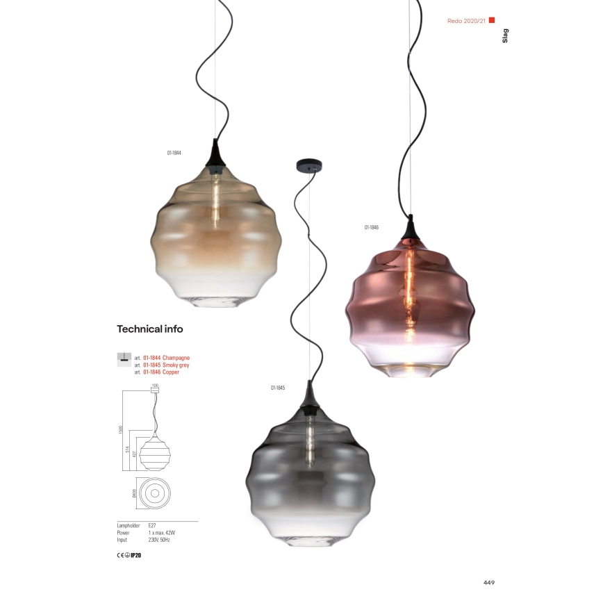 Redo 01-1845 - Candeeiro suspenso SLAG 1xE27/42W/230V diâmetro 40 cm cinzento