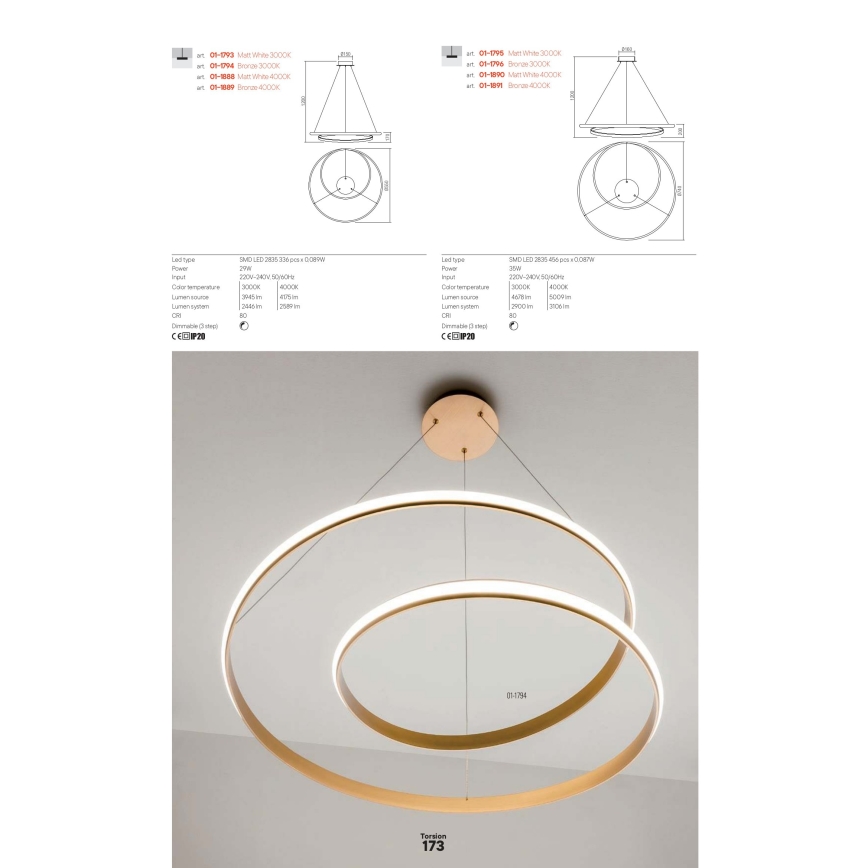 Redo 01-1889 - Lustre LED dimerizável suspenso por cabo TORSION LED/29W/230V 4000K Ø 55 cm bronze