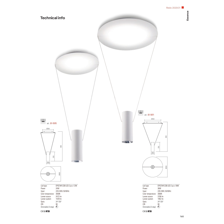 Redo 01-1970 - Candeeiro suspenso LED com regulação ESSENCE LED/24W/230V CRI 90 3000K branco