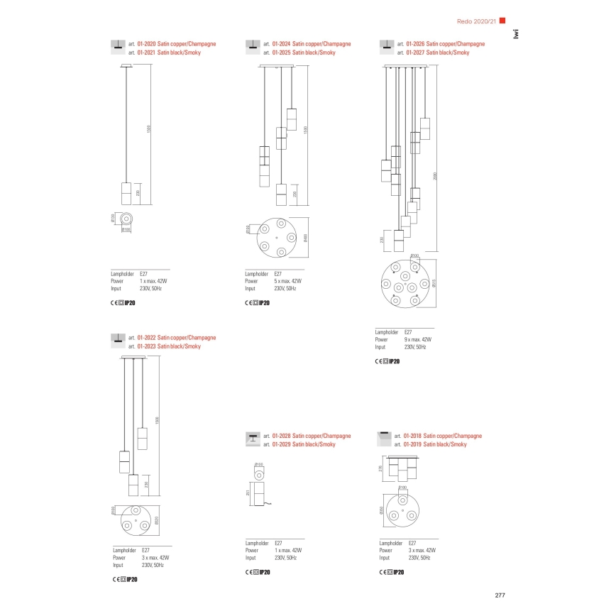 Redo 01-2027 - Candelabro suspenso IWI 9xE27/42W/230V preto