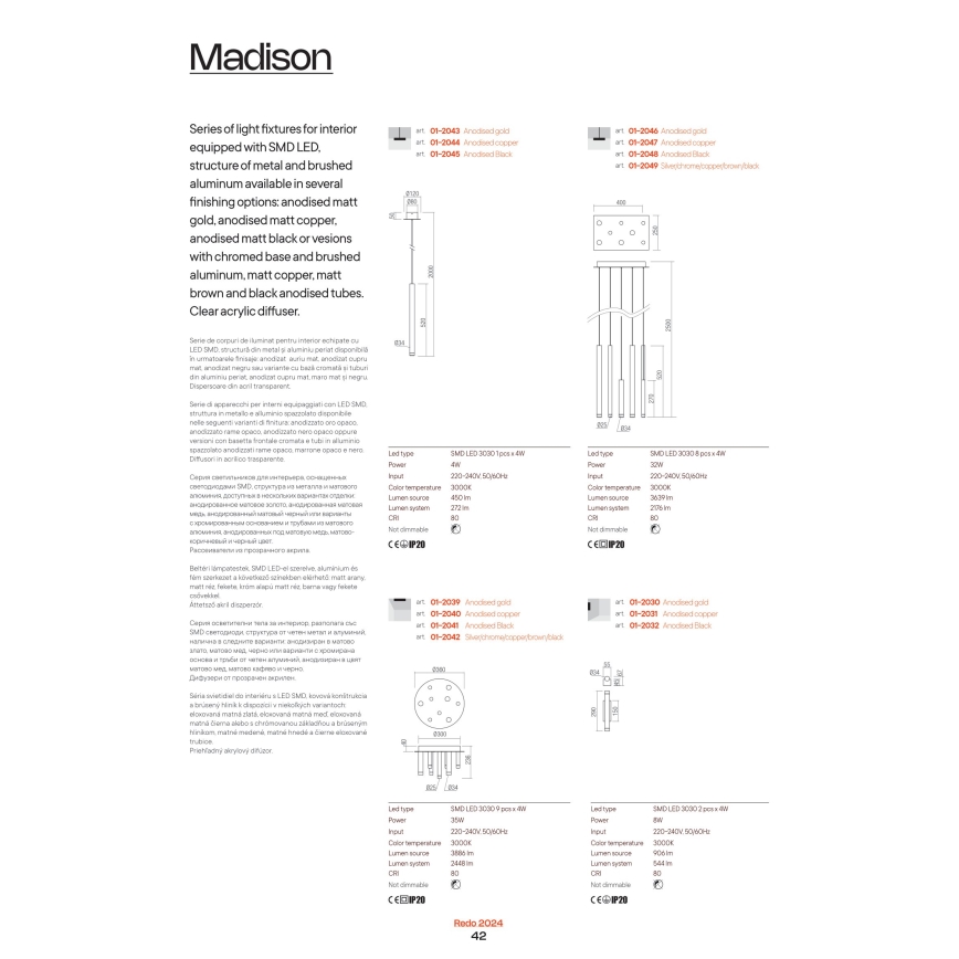 Redo 01-2044 - Candelabro suspenso LED MADISON LED/4W/230V cobre