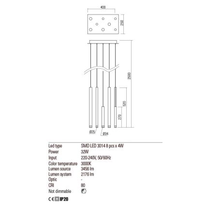 Redo 01-2047 - Candelabro suspenso LED MADISON 8xLED/4W/230V cobre