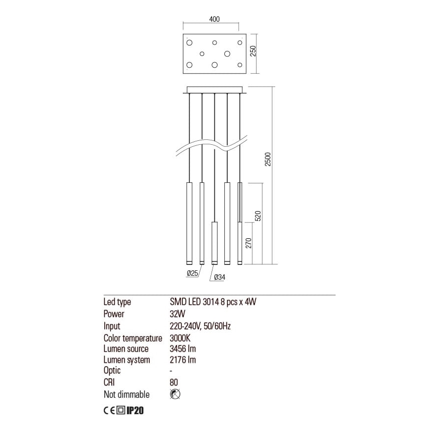 Redo 01-2047 - Candelabro suspenso LED MADISON 8xLED/4W/230V cobre