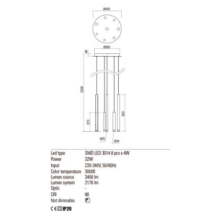 Redo 01-2050 - Candelabro suspenso LED MADISON 8xLED/4W/230V dourada