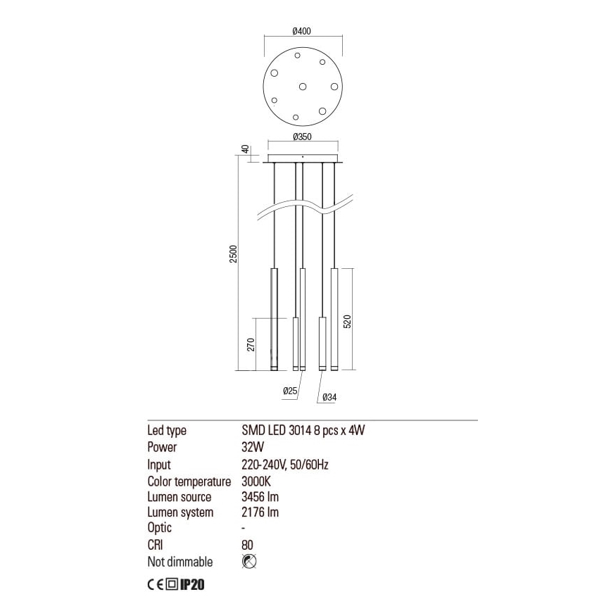 Redo 01-2050 - Candelabro suspenso LED MADISON 8xLED/4W/230V dourada
