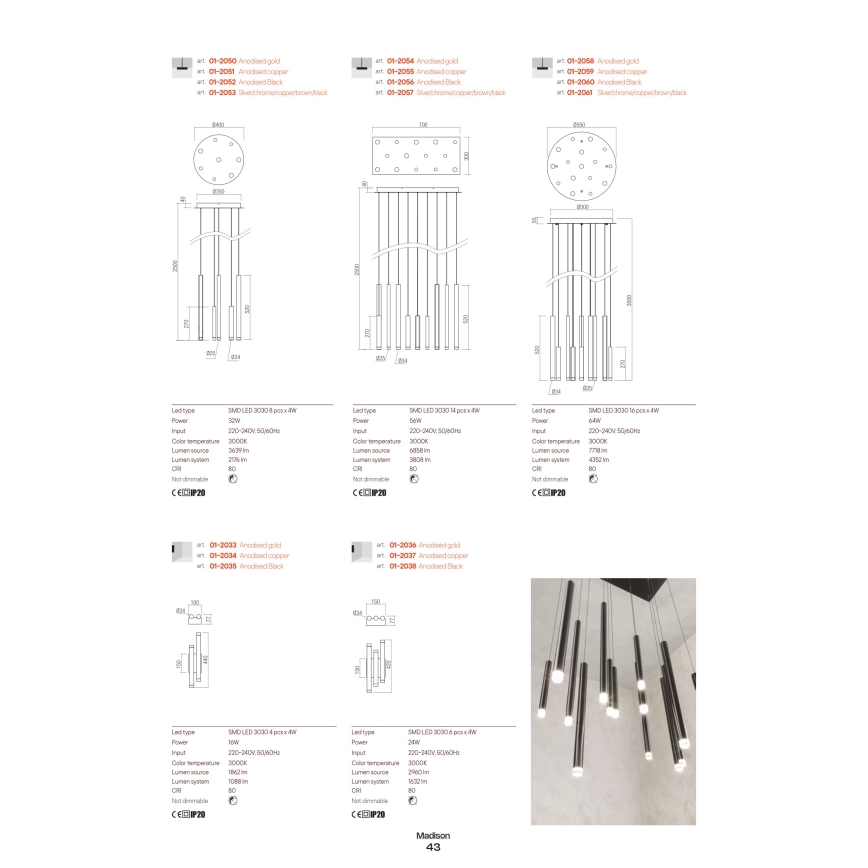 Redo 01-2054 - Candelabro suspenso LED MADISON 14xLED/4W/230V dourada
