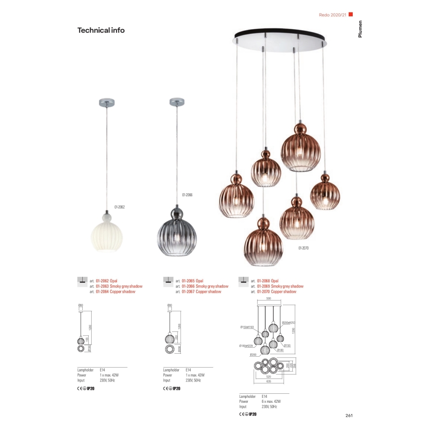 Redo 01-2069 - Candelabro suspenso PLUMEN 6xE14/42W/230V cinzento