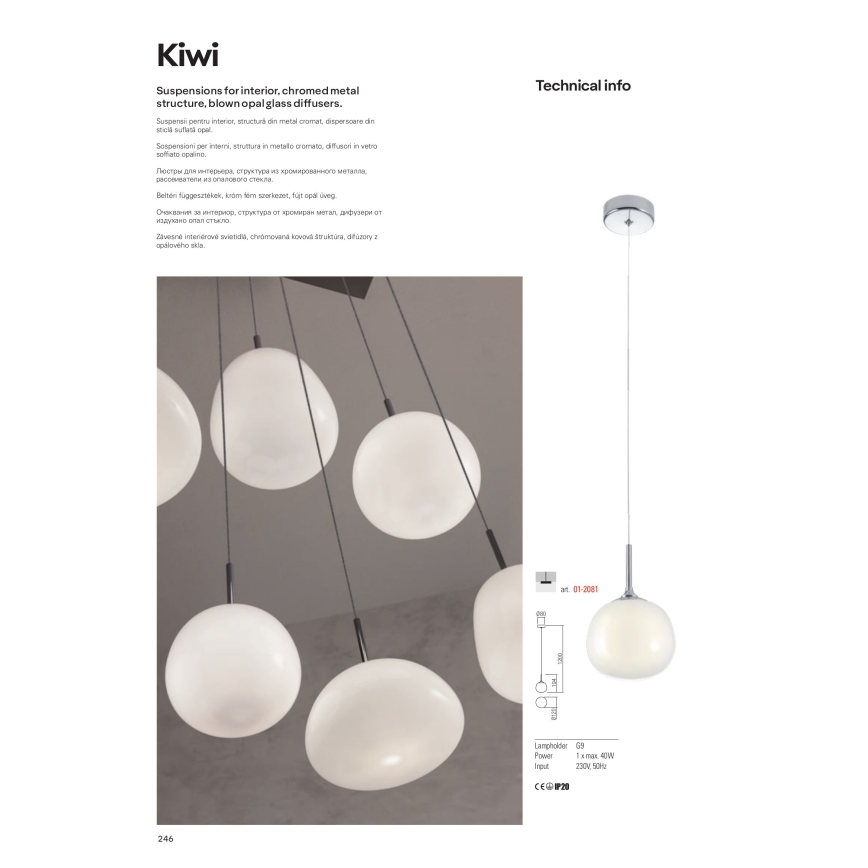 Redo 01-2081 - Pendente em cabo KIWI 1xG9/40W/230V Ø 12 cm cromo brilhante/branco