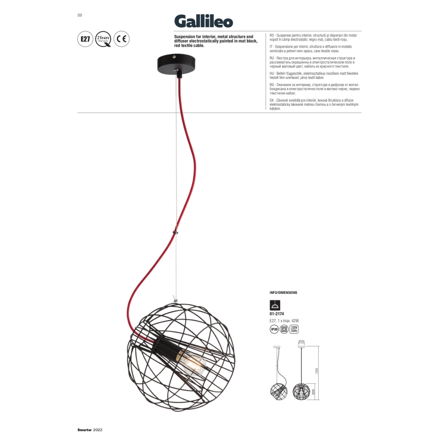 Redo 01-2174 - Candeeiro suspenso GALLILEO 1xE27/42W/230V