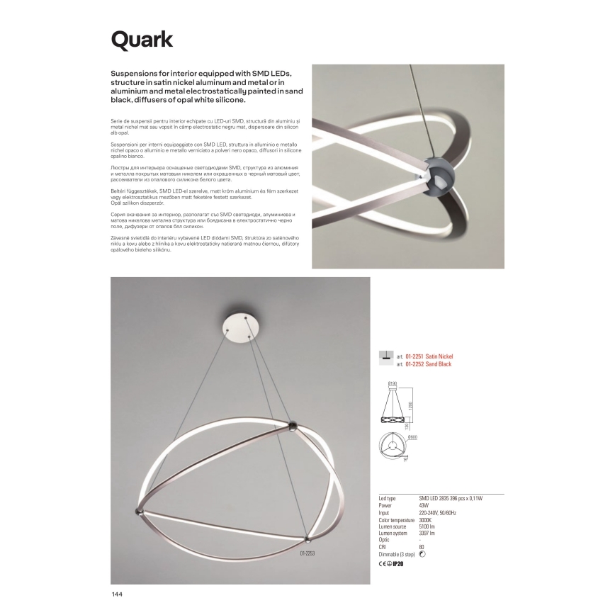 Redo 01-2251 - Candeeiro suspenso LED com regulação QUARK LED/43W/230V 3000K diâmetro 60 cm cromado mate