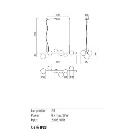Redo 01-2374 - Candelabro suspenso GOJI 6xG9/28W/230V dourada