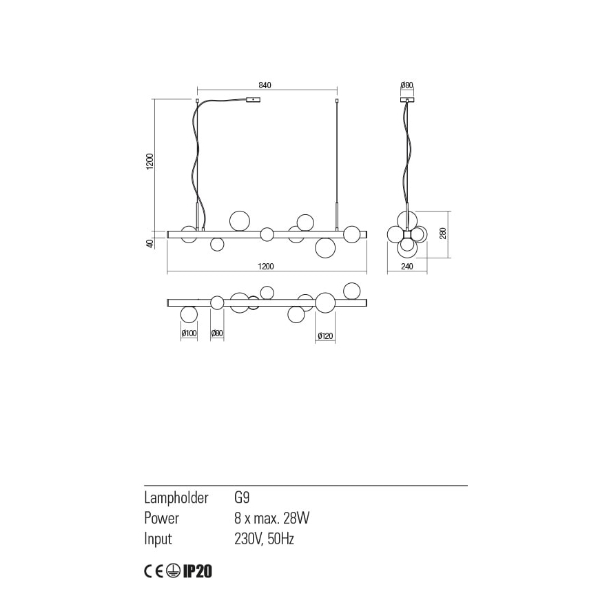 Redo 01-2376 - Candelabro suspenso GOJI 8xG9/28W/230V dourada
