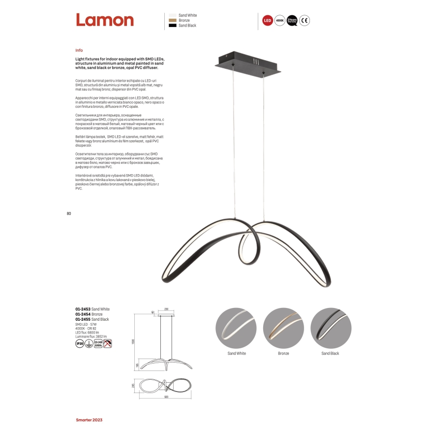 Redo 01-2454 - Candelabro suspenso LED LAMON LED/57W/230V dourada