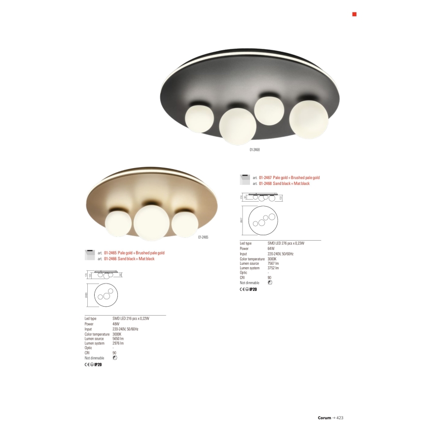 Redo 01-2466 - Candeeiro de tecto LED CORUM LED/48W/230V 3000K CRI 90 preto
