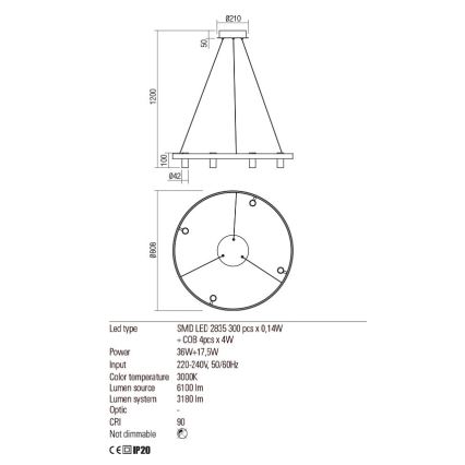 Redo 01-2492 - Candelabro suspenso LED SUMMIT LED/53,5W/230V CRI 90 diâmetro 80,8 cm dourada