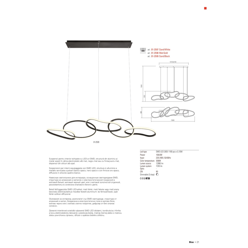 Redo 01-2599 - Candeeiro suspenso LED com regulação BIAS LED/108,6W/230V CRI 90 3000K preto