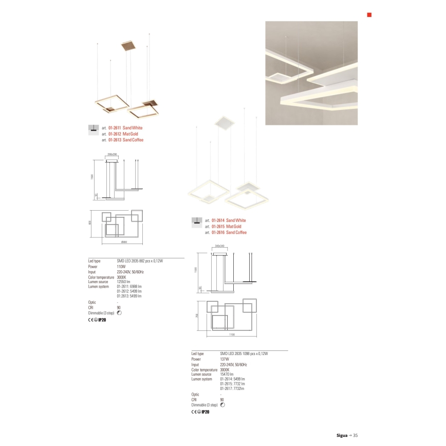Redo 01-2615 - Lustre suspenso em cabo regulável por dimmer SIGUA LED/137W/230V CRI 90 dourado