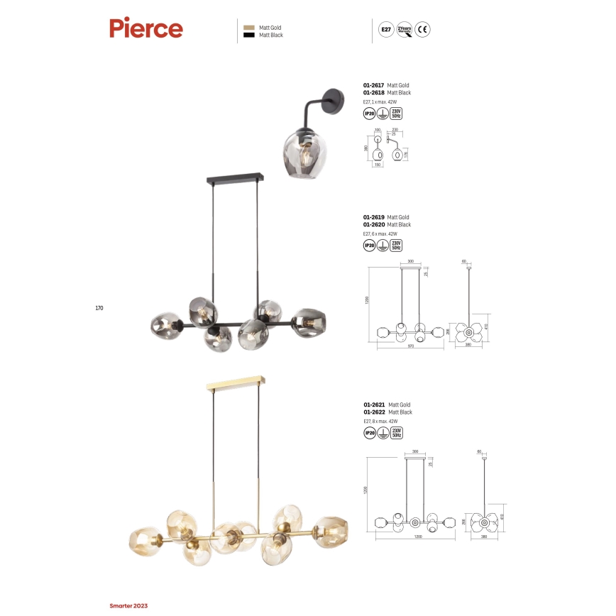 Redo 01-2622 - Candeeiro suspenso PIERCE 8xE27/42W/230V preto/fumado