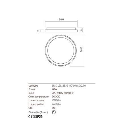 Redo 01-2668 - Iluminação de teto LED com regulação ICONIC LED/40W/230V diâmetro 48 cm preto