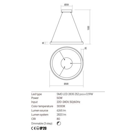 Redo 01-2673 - Candelabro suspenso LED com regulação ICONIC LED/50W/230V diâmetro 58 cm dourada