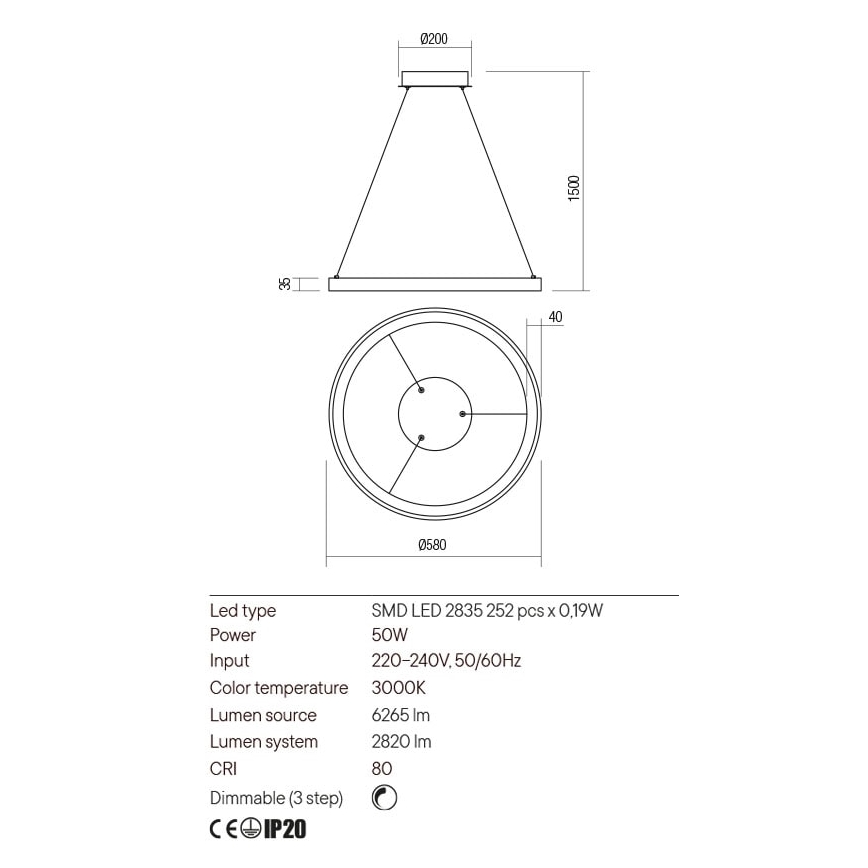 Redo 01-2673 - Candelabro suspenso LED com regulação ICONIC LED/50W/230V diâmetro 58 cm dourada
