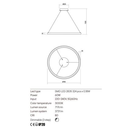 Redo 01-2676 - Candelabro suspenso LED com regulação ICONIC LED/60W/230V diâmetro 78 cm dourada