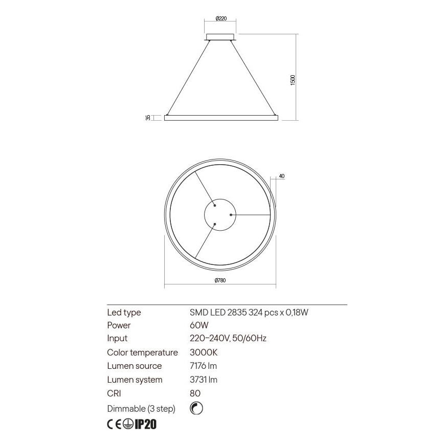 Redo 01-2677 - Candelabro suspenso LED com regulação ICONIC LED/60W/230V diâmetro 78 cm preto