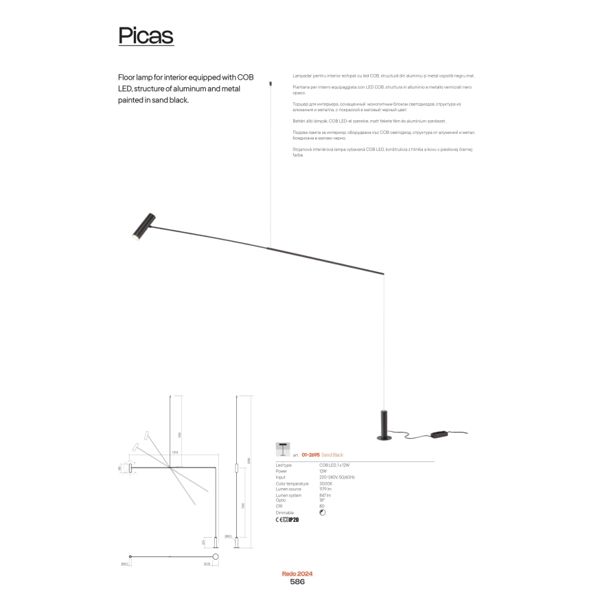 Redo 01-2695 - Candeeiro de chão LED com regulação PICAS LED/12W/230V preto