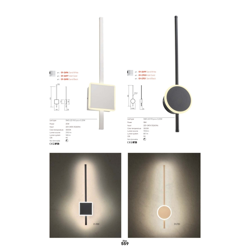 Redo 01-2696 - Aplique de parede LED DIAZ LED/20W/230V CRI 90 branco