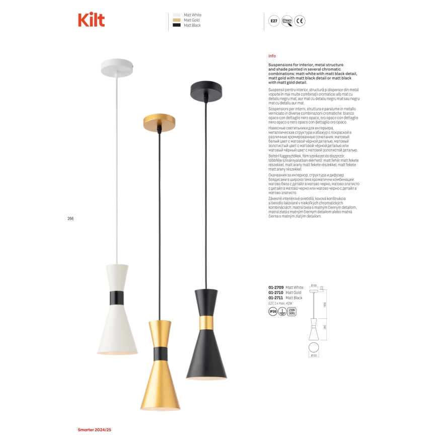 Redo 01-2710 - Candeeiro suspenso KILT 1xE27/42W/230V diâmetro 12 cm dourado