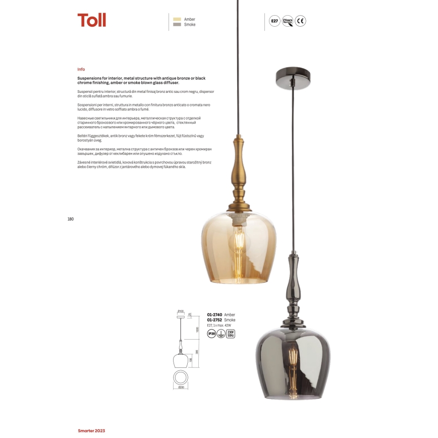 Redo 01-2740 - Candelabro suspenso TOLL 1xE27/42W/230V bronze