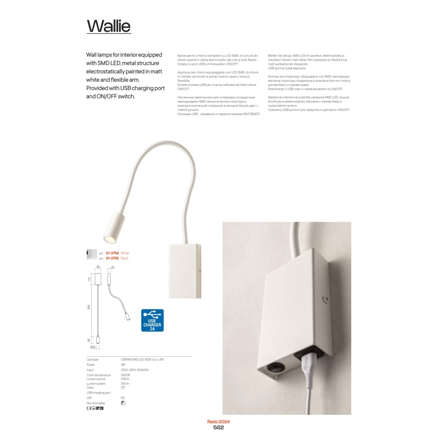Redo 01-2755 - Candeeiro de parede LED WALLIE LED/3W/230V USB CRI 90 preto