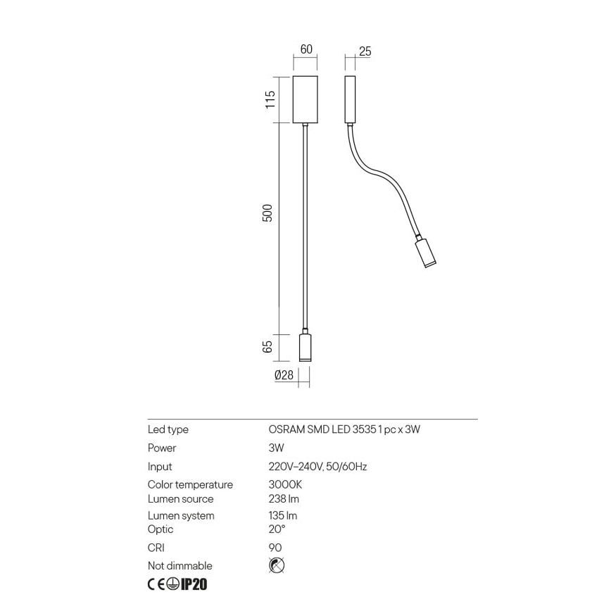 Redo 01-2755 - Candeeiro de parede LED WALLIE LED/3W/230V USB CRI 90 preto