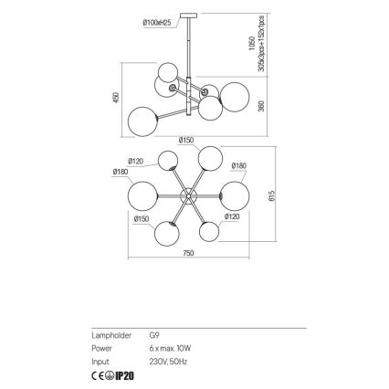 Redo 01-2780 - Candelabro suspenso ROY 6xG9/10W/230V
