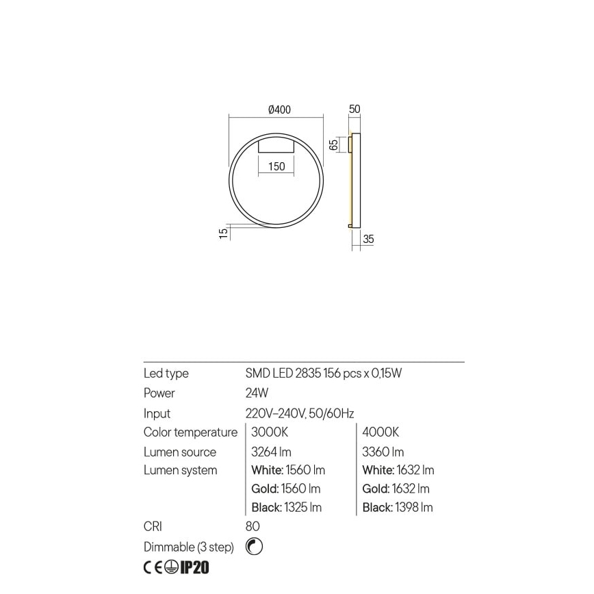 Redo 01-2817 - Iluminação de parede LED com regulação FEBE LED/24W/230V dourada