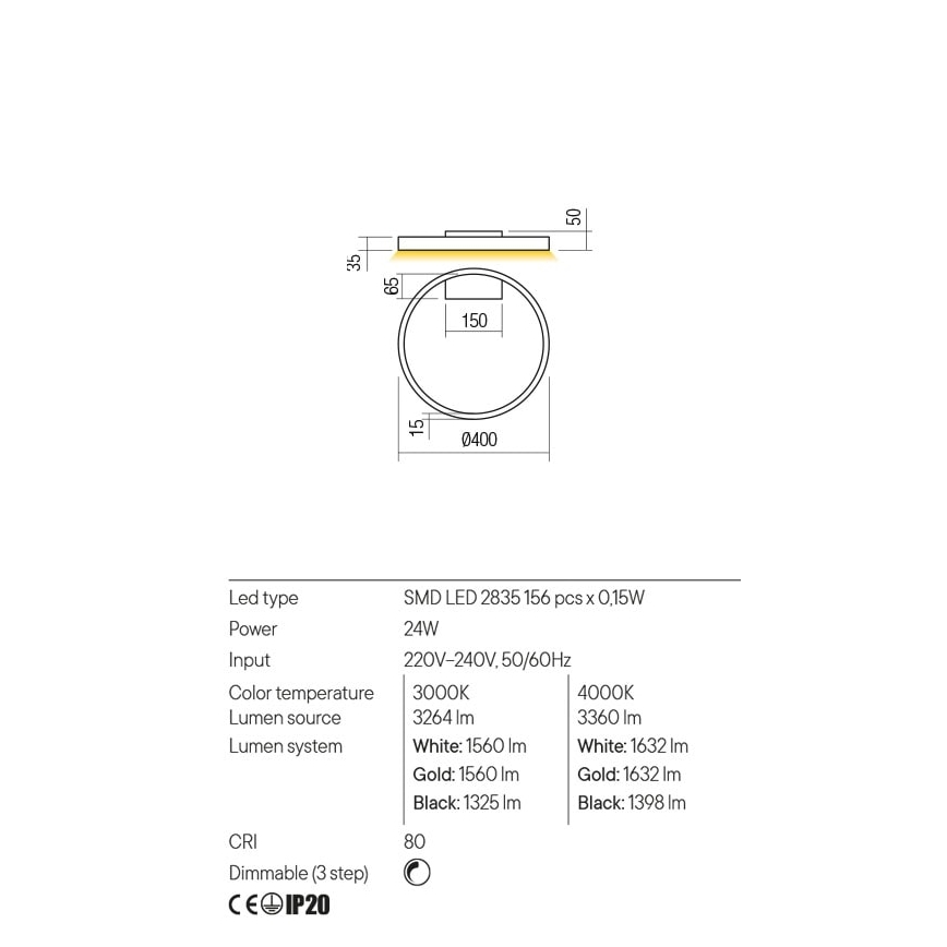 Redo 01-2837 - Iluminação de parede LED com regulação FEBE LED/24W/230V preto