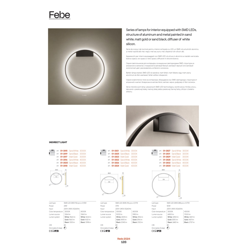 Redo 01-2865 - Candelabro suspenso LED com regulação FEBE LED/37W/230V dourada