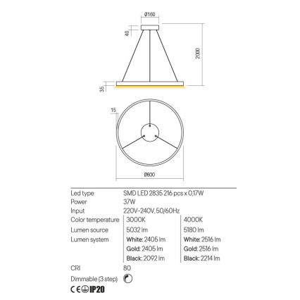 Redo 01-2865 - Candelabro suspenso LED com regulação FEBE LED/37W/230V dourada