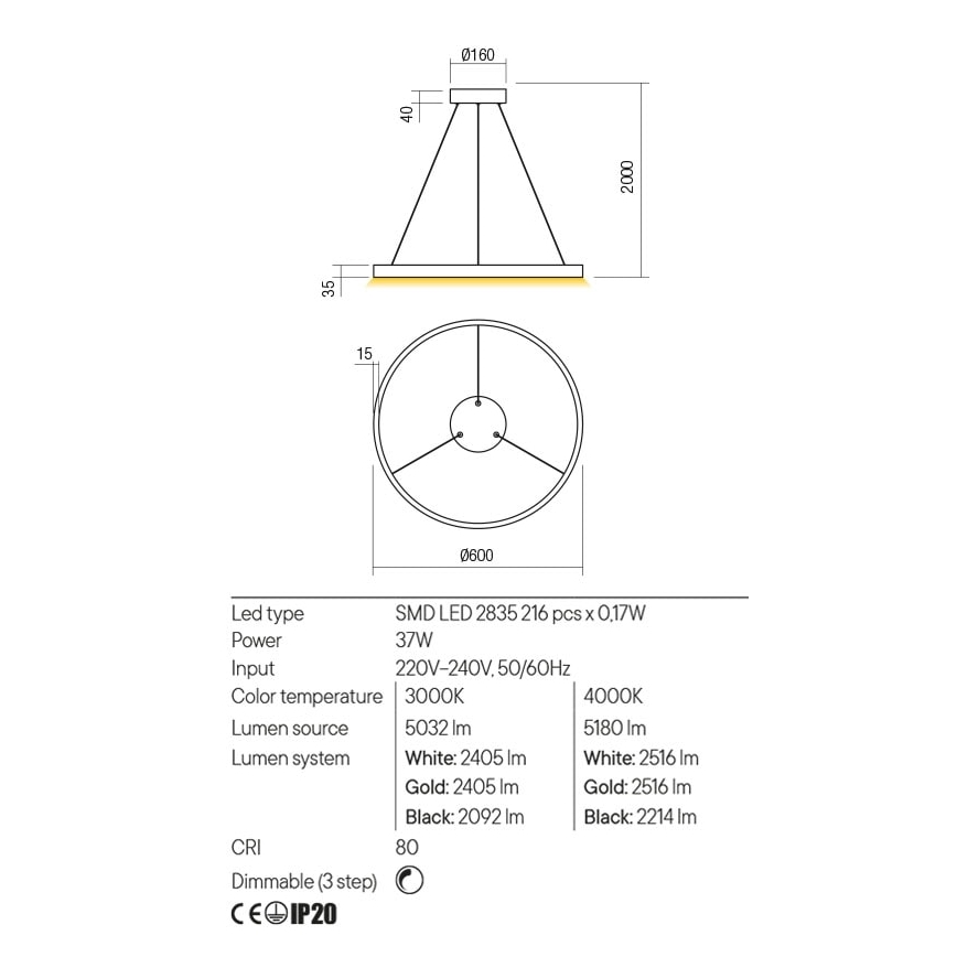 Redo 01-2865 - Candelabro suspenso LED com regulação FEBE LED/37W/230V dourada