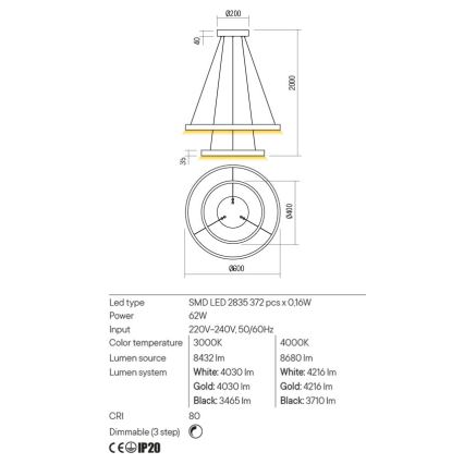 Redo 01-2889 - Candelabro suspenso LED com regulação FEBE LED/62W/230V dourada