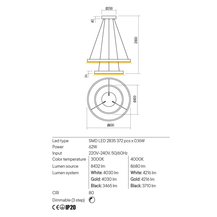Redo 01-2889 - Candelabro suspenso LED com regulação FEBE LED/62W/230V dourada