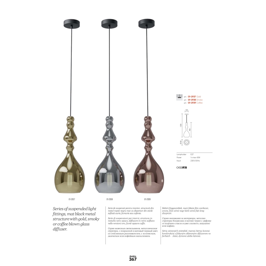 Redo 01-2938 - Pendente com cabo AMBIX, 1xE27/42W/230V, Ø 18 cm, cinza