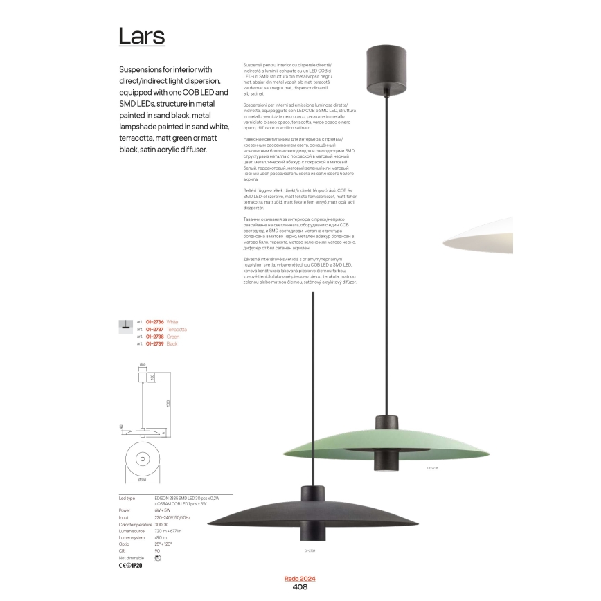 Redo 01-3018 - Lustre LED suspenso por cabo LARS LED/14W/230V + LED/10W Ø 60 cm CRI 90 branco