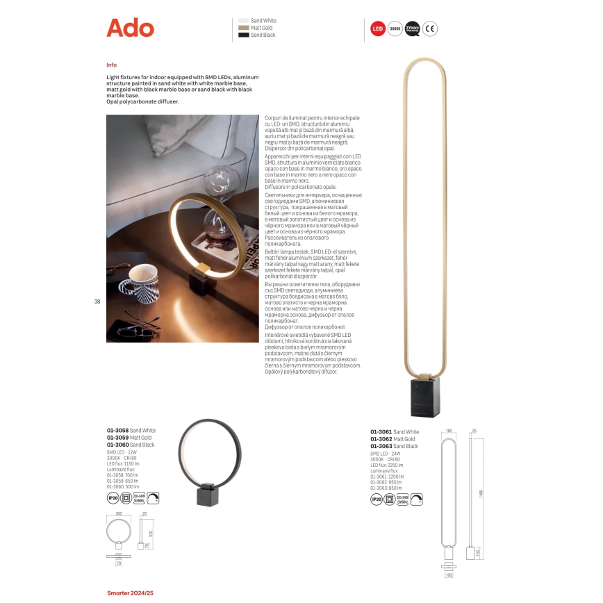 Redo 01-3061 - Candeeiro de chão LED com regulação ADO LED/24W/230V branco