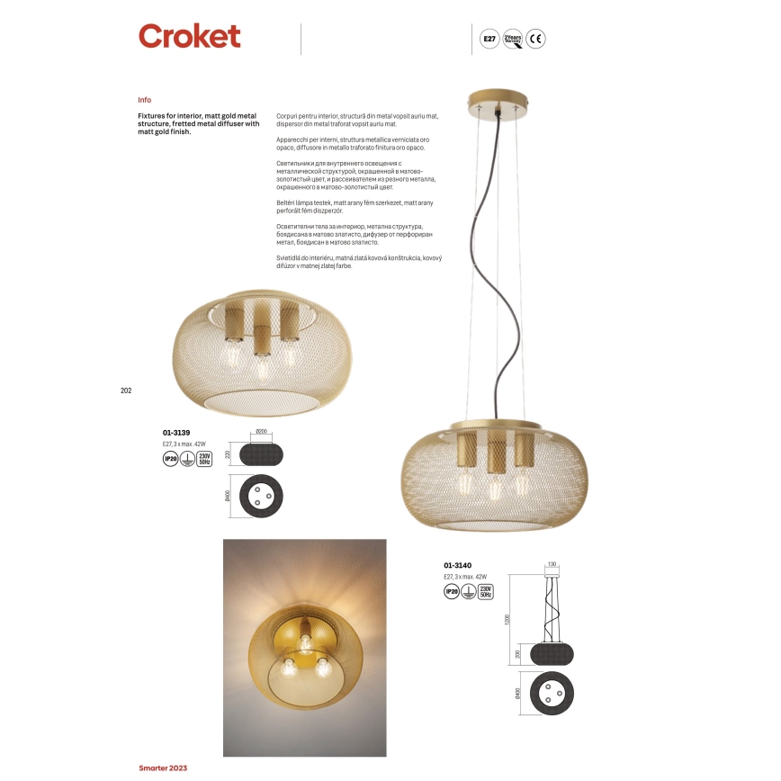 Redo 01-3139 - Iluminação de teto CROKET 3xE27/42W/230V diâmetro 40 cm dourada
