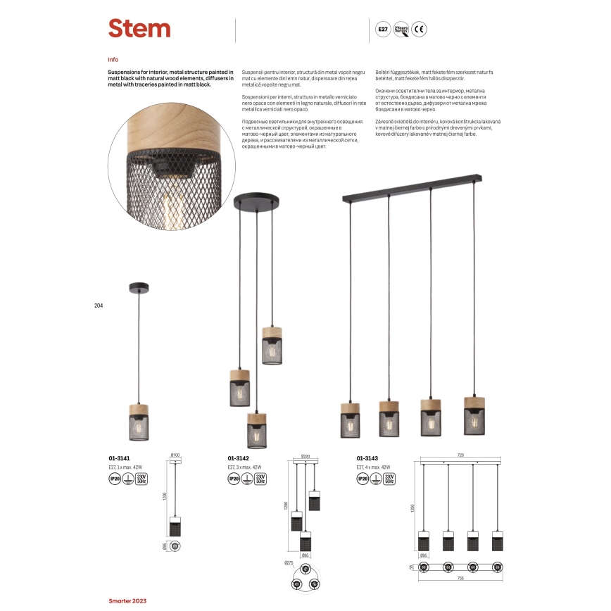 Redo 01-3143 - Candelabro suspenso STEM 4xE27/42W/230V