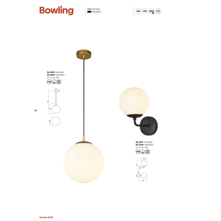 Redo 01-3147 - Iluminação de parede BOWLING 1xE27/42W/230V dourada