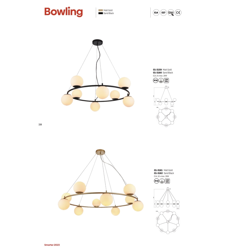 Redo 01-3157 - Candelabro suspenso BOWLING 6xE14/28W/230V dourada