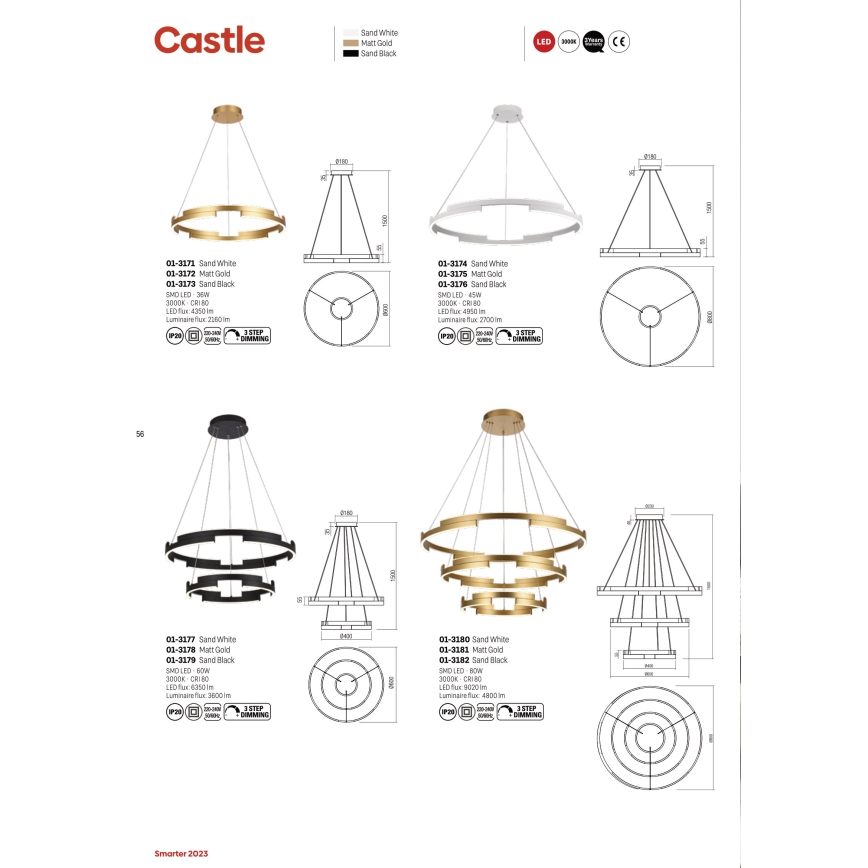 Redo 01-3176 - Candelabro suspenso LED com regulação CASTLE LED/45W/230V preto